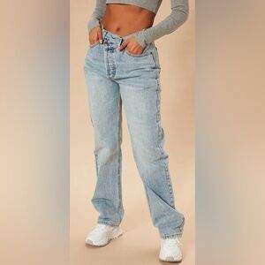 Fashion Nova sz14 Crossover Straight leg Blue Denim Jeans NWT trendy perfect fit